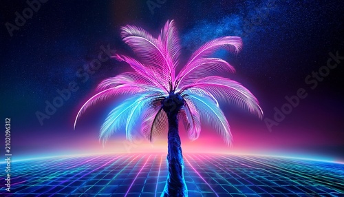 neon palm tree under a retrofuturistic sky