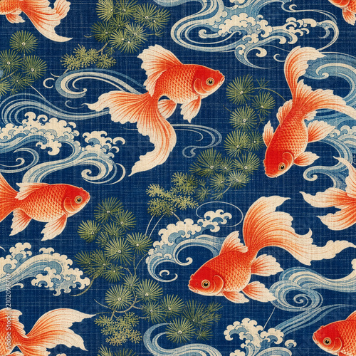 Japanese Traditional Seamless Pattern with Red Goldfish, Sea Waves, and Pine Branches on Navy Blue Fabric Textured Background