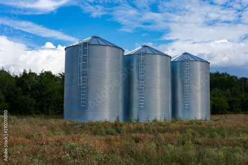 Three modern corrugated steel grain silos standing in a row on a farm field. Agricultural storage tanks with ladders under a blue sky with white clouds. Industry and farming concept.
