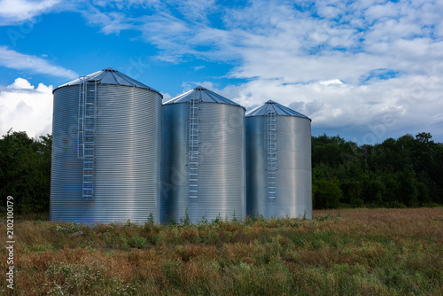 Three modern corrugated steel grain silos standing in a row on a farm field. Agricultural storage tanks with ladders under a blue sky with white clouds. Industry and farming concept.