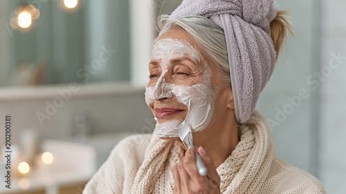 Close-up of a beautiful mature woman, cosmetic mask on her face brush, skin care concept, bathroom