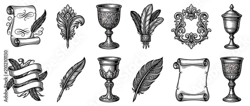 Vintage Ornate Icons Set: Scrolls, Quills, Goblets, Ribbons