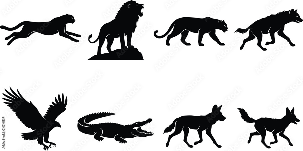 Obraz premium African wild animal silhouettes set featuring lion cheetah hyena crocodile eagle and jackal isolated on white background