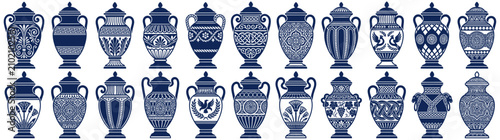Schilderij op canvas Collection of Decorative Ancient Ceramic Urns with Lids
