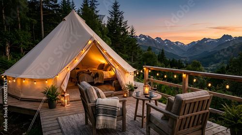 A serene campsite setup with a large tent on a deck overlooking mountains at dusk.