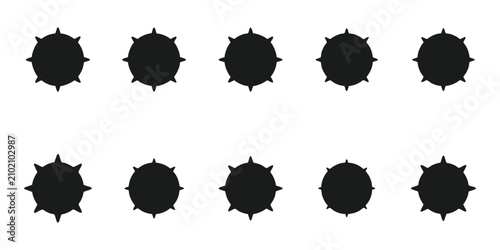 Bild auf Leinwand Ten identical circular sun icons with small outward spikes arranged on transparent grid background