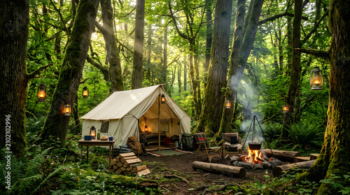 Campsite beside serene lake at sunset with tent and campfire