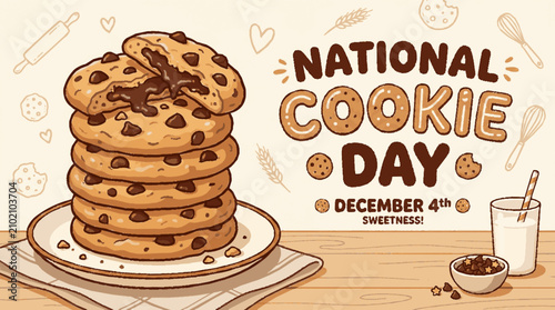 A stack of delicious chocolate chip cookies on a plate with milk for national cookie day celebration in a cute flat illustration