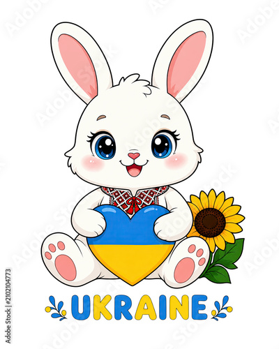 Cute Cartoon Bunny Supporting Ukraine with Heart and Sunflower