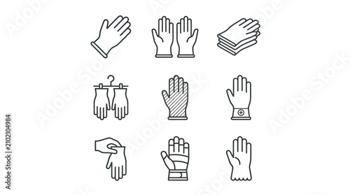 Collection of protective and industrial glove illustrations in minimalist outline style