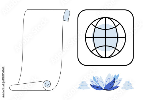 Photography Blank paper scroll with a globe icon and zen stones vector illustration