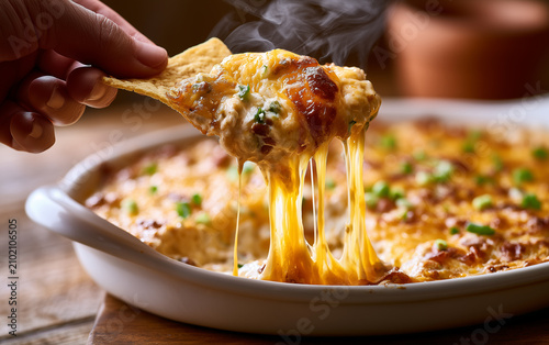 Cheesy tortilla chip dip with melted cheese green onion and creamy texture hand dipping chip comfort food close up warm inviting