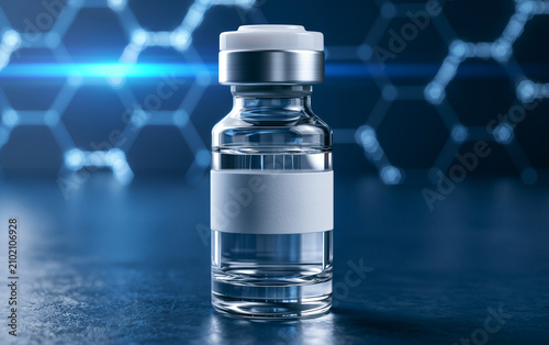 Clear glass vial pharmaceutical bottle white label sterile laboratory medical blue background healthcare science closeup modern