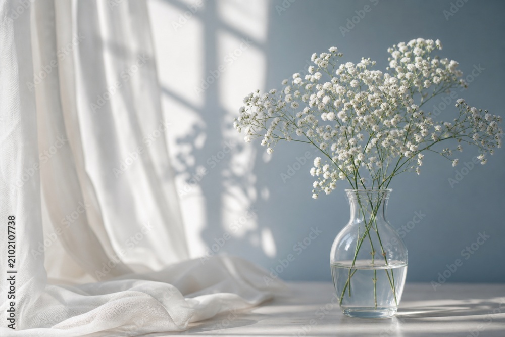 Fototapeta premium Gypsophila flowers in a glass vase stand on a table near a window with soft curtains and gentle morning sunlight casting shadows