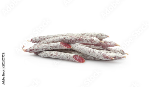 Air dried salami sticks (kabanos or cabanossi) covered with white edible mould - long, thin, dry sausages, beer snack. Isolated on white background.