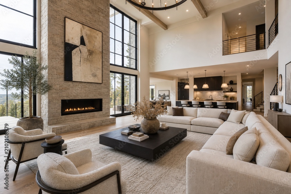 Obraz premium Modern luxury living room interior design featuring a large stone fireplace, high ceilings, comfortable sectional sofa, and elegant contemporary decor