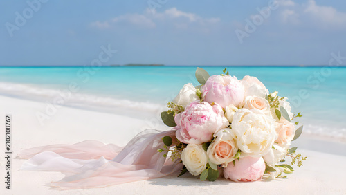 Pink and white bridal bouquet on tropical beach