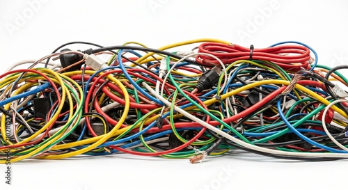 Tangled pile of colorful electrical wires and power cables with plugs and connectors representing a messy network connection or electronic waste