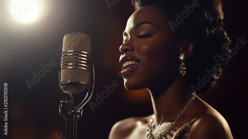 FINE ART CINEMATIC PORTRAIT OF A BEAUTIFUL YOUNG BLACK FEMALE JAZZ SINGER EMOTIONALLY SINGING INTO A VINTAGE MICROPHONE IN A SMOKY RETRO CLUB