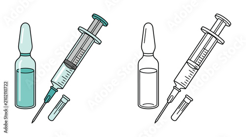 Schilderij op canvas Syringe And Vial Illustration Medical Equipment With Teal Liquid