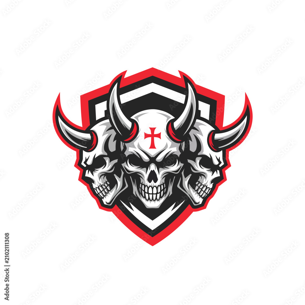 Fototapeta premium Skull with Horns Cross Symbol Red Shield Badge Dark Vector Illustration