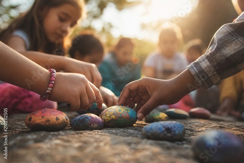 Group of children playing with painted stones outdoors during a creative art workshop in the warm sunlight of a summer afternoon