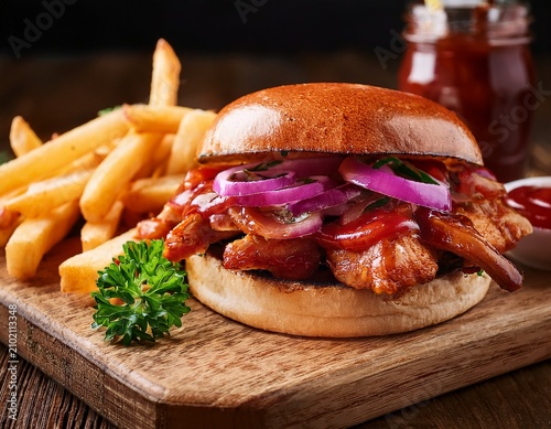 bbq chicken sandwich with red onions and parsley on wooden board with fries