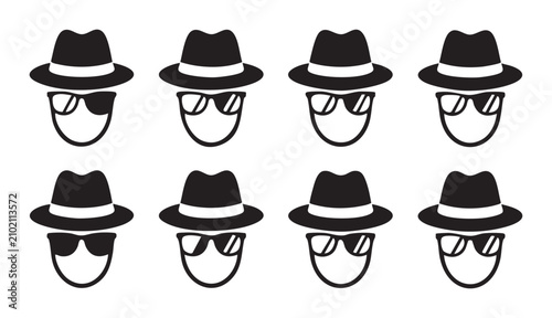Obraz na płótnie Set of anonymous secret agent with fedora hat and different kinds of glasses illustration