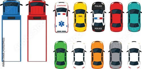 Canvastavla Top View Vehicle Flat Vector Collection Featuring Trucks, Ambulance, Taxi, Polic