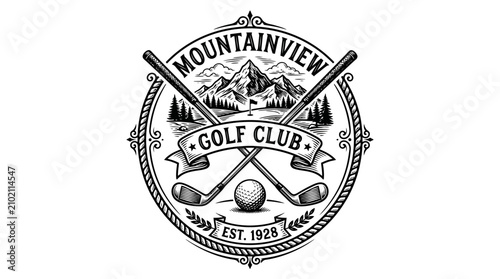 A vintage style emblem featuring crossed golf clubs and mountains