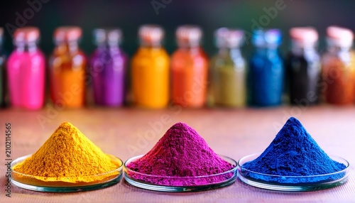 colored powder for ink or paint on glass plates with blurred bottles in background