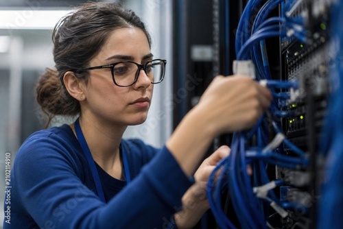 Female network engineer working with server cables in a modern data center to maintain internet connectivity and system security