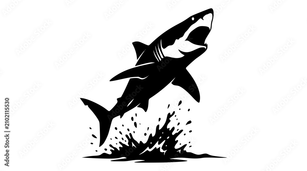 Fototapeta premium great white shark jumping out of water black and white vector illustration