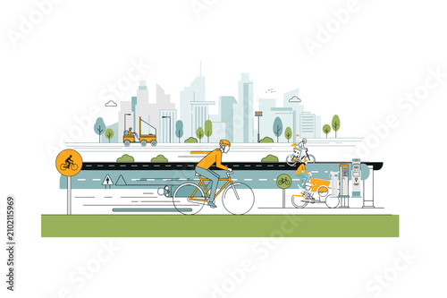 Cityscape With Cyclists And Street Furniture Linear Vector Illustration