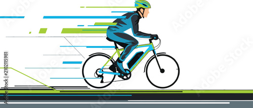 Cyclist riding a bicycle vector illustration with speed lines and green accents