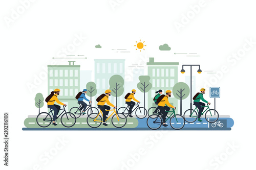 Cyclists Riding Through Cityscape Flat Vector Illustration With White Background