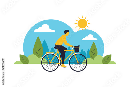 Cyclist Riding A Bicycle In A Scenic Landscape Flat Vector Illustration