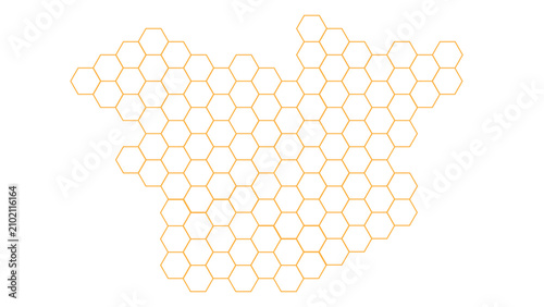 Foto Irregular cluster of thin golden hexagonal cells pattern isolated on white backg