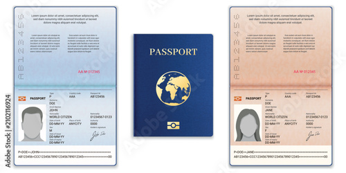 Foto Passport Identity Document: A collection of passports, open and closed, showcasing personal identification pages and covers, symbolizing travel and international documentation