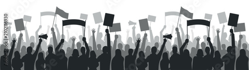 Fotografie Protest Crowd Silhouette: A stylized illustration depicts a large crowd of people holding signs and flags aloft, silhouetted against a bright background