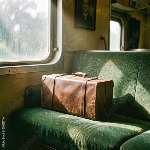 Vintage Leather Suitcase in Sunlit Train Carriage