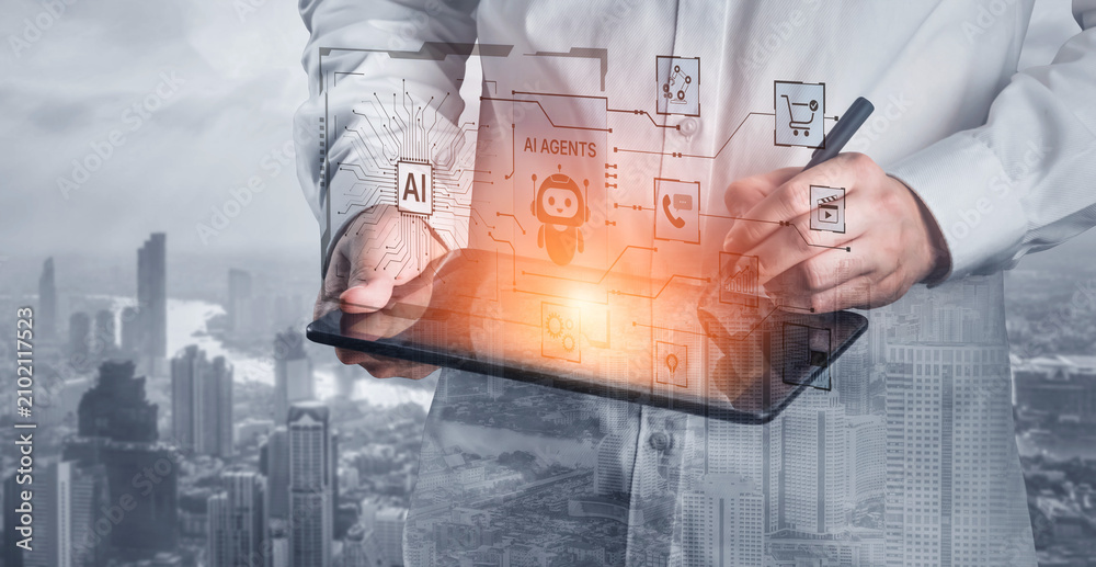 Fototapeta premium AI agents power automation for commerce, customer service, analytics and media operations, connecting tools and data to deliver faster decisions and scalable digital transformation. Corpus
