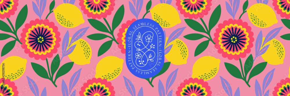 Fototapeta premium Floral seamless pattern. Vector bold naive abstract illustrations of stylized flowers, lemons and leaves for background, wallpaper, packaging, wrapping paper, textile, label, fabric and banner