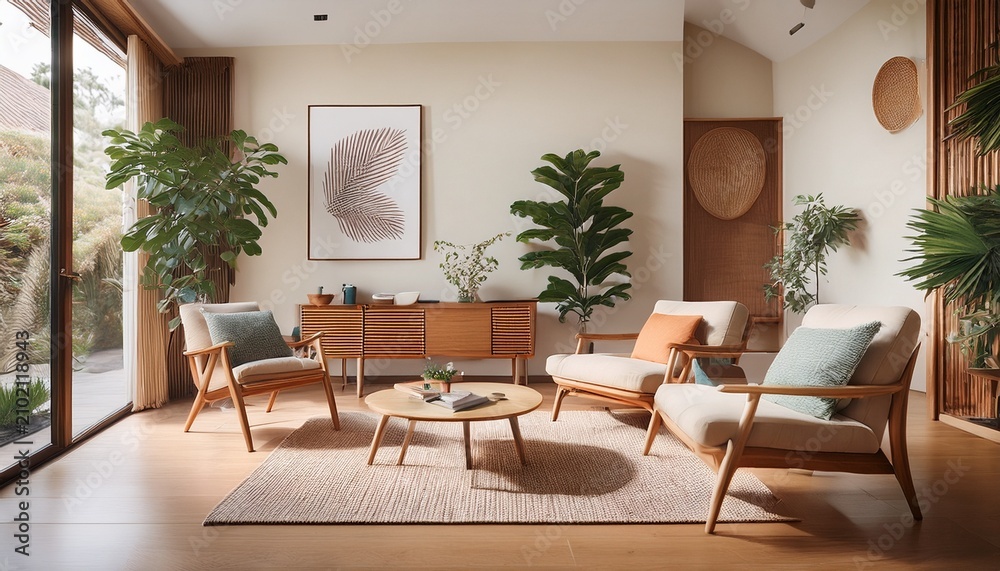 Fototapeta premium mid century modern living room with natural light n cozy mid century modern decor and wooden furniture in a stylish mid century modern interior