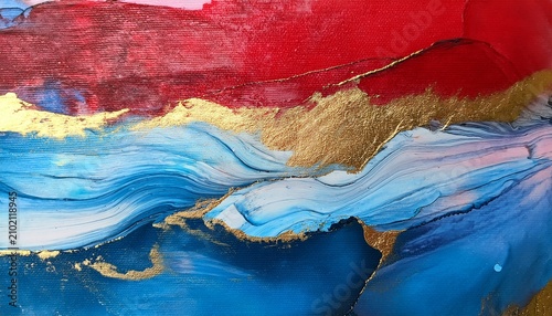 abstract colorful acrylic painting on canvas close up blue and red colors with golden foil