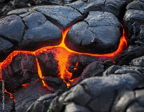 close up view of cracked volcanic rock with molten lava flowing through the cracks