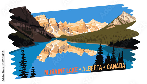 Foto Very beautiful realistic vector illustration of MORAINE LAKE • ALBERTA featuring