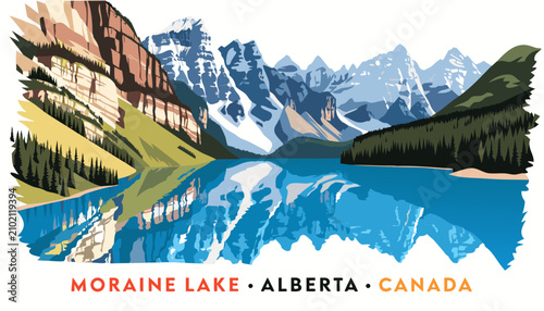 Cuadro en lienzo Very beautiful realistic vector illustration of MORAINE LAKE • ALBERTA featuring