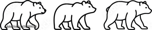 Obraz na plátně Minimalist bear line art icons, set of 3 walking grizzly bear vector illustratio