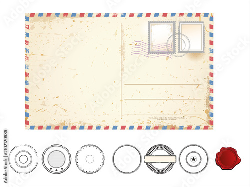 Vintage postal envelopes and retro postage stamps with airmail borders and nostalgic postmarks 